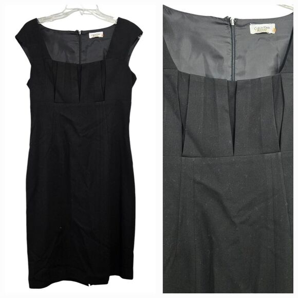 Calvin Klein Pleated Bust Sheath Dress Solid Black Cap Sleeves Career Office - Picture 1 of 8